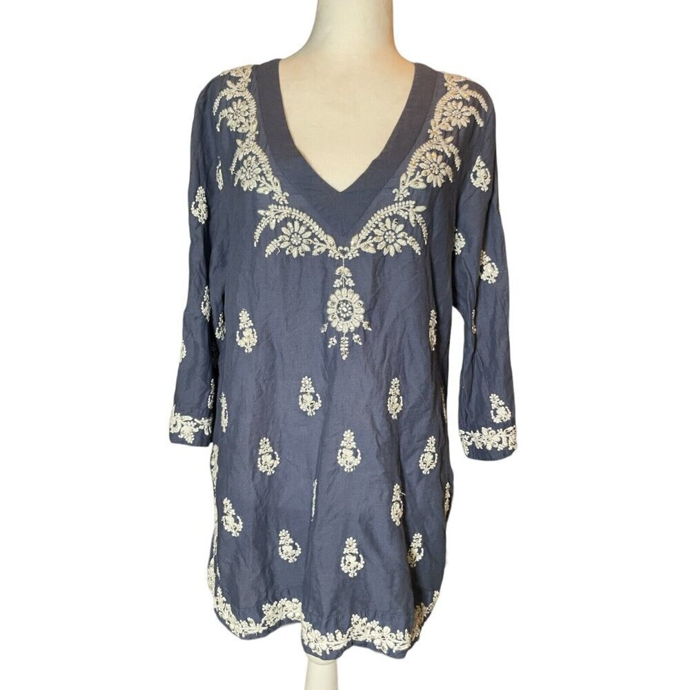 Sattire Blue With White Embroidered Floral Design V-Neck Tunic Top Size L